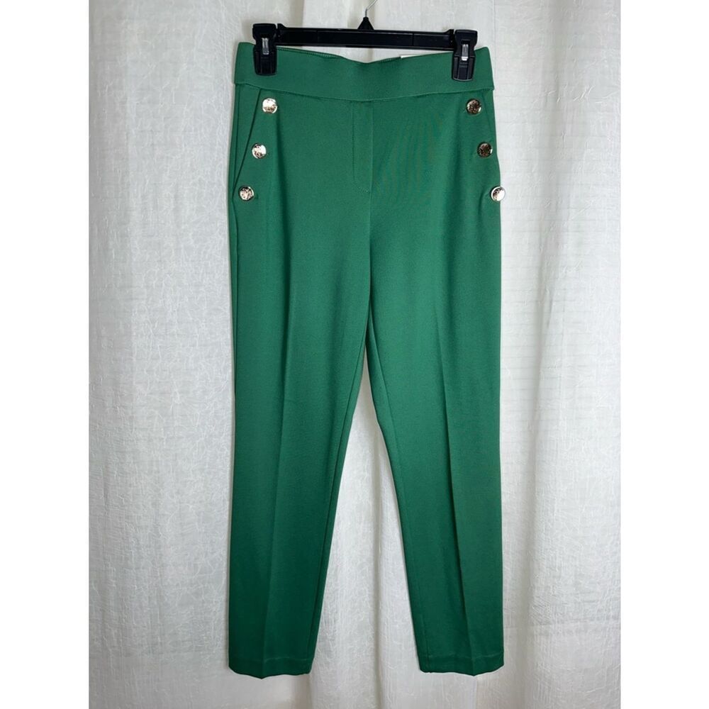 J & L XS Green Gold Tone Buttoned Pockets Ponte Knit Pull on Slim Ankle Pants